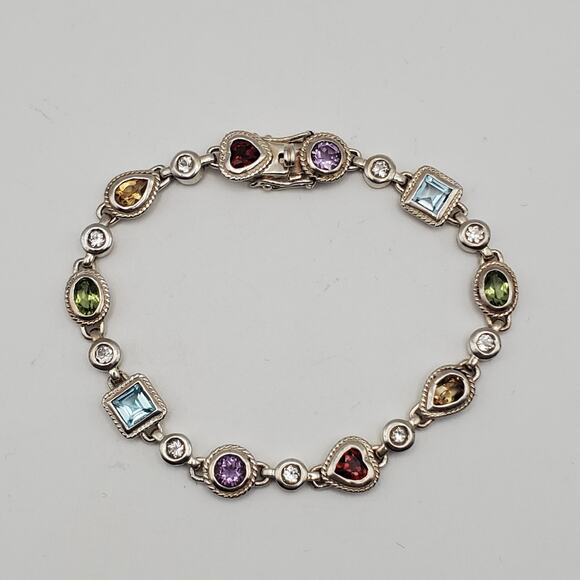 Colorful Multigemstone Sterling Silver 925 Link Tennis Bracelet 6.75" - Picture 1 of 7